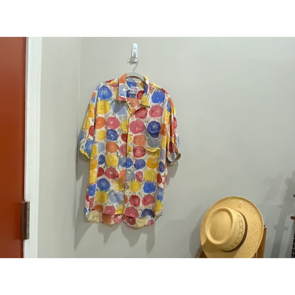 Jams World Mens Large Abstract Floral Dot Print Crinkle Rayon Button Down Shirt